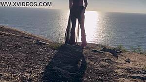artemisia love shows big tits hiking by ocean