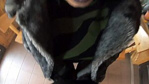 ELEGANT FUR COATED SLUT FUCKED ON WOODEN TABLE. COVERED IN CUM TWICE