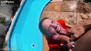 Dripping wet throat fucked beside the pool