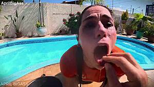 Dripping wet throat fucked beside the pool