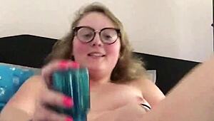 Nerdy chubby blonde teen 18+ with glasses strips down and rides her dildo reverse cowgirl before cumming hard the panty bank - used panties.