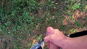 Naughty nature handjob in outdoor male pov with huge cum from a monster cock