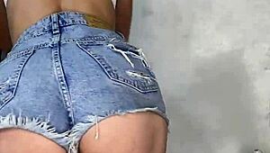 sexy student in denim shorts spanks ass and fingers pussy