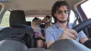 Stranded lesbian hitchhikers share cock outdoors