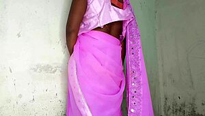 Indian woman wears pink saree for sex